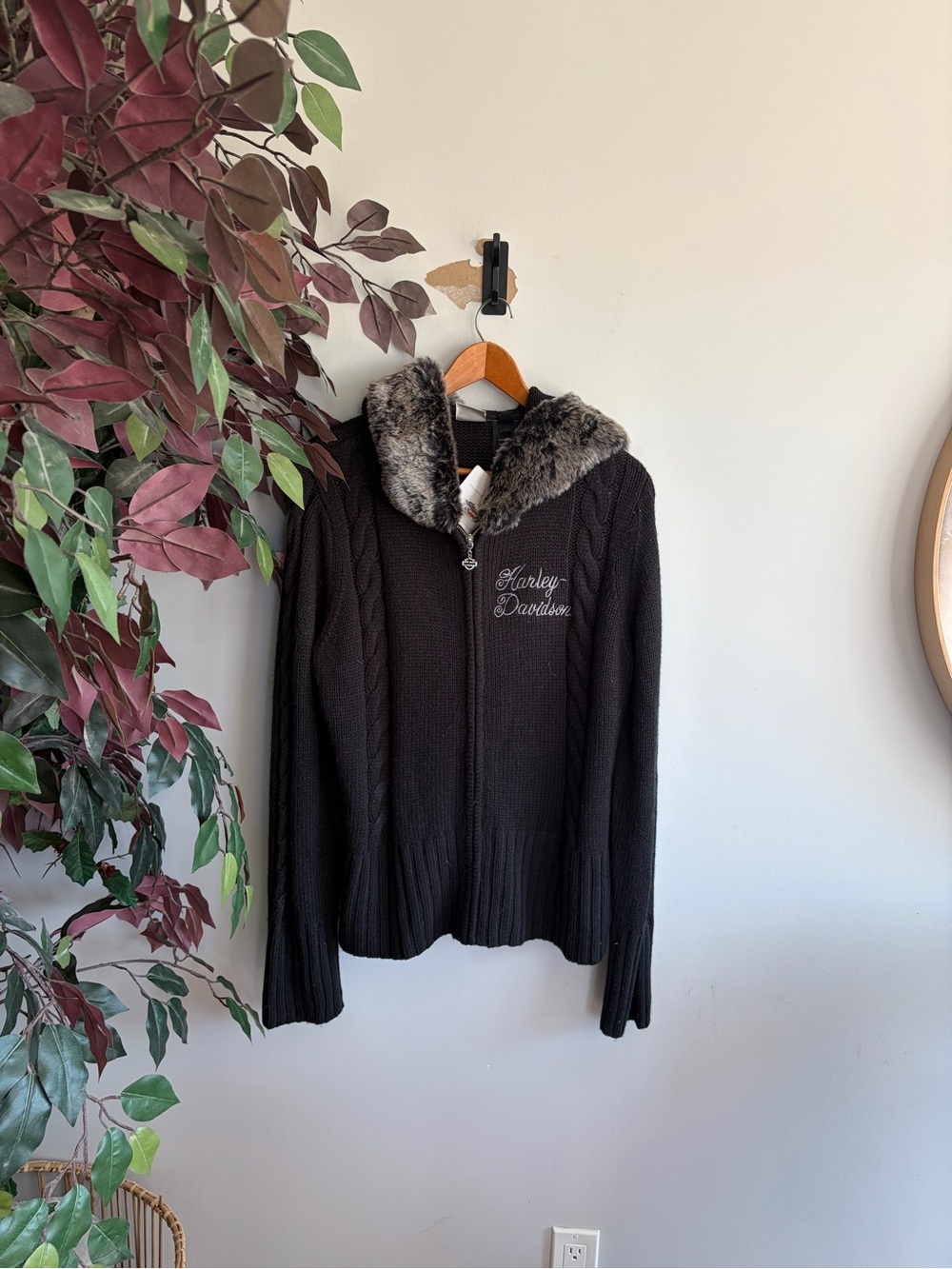 Harley-Davidson Black Knit Zip Cardigan with Faux Fur Trim
